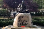 Mahatma Gandhi Statue in London latest, Mahatma Gandhi Statue in London attacked, iconic gandhi statue vandalised near london university, Haj